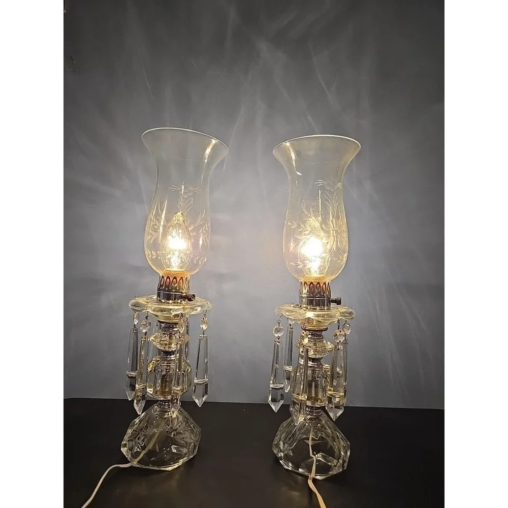 Pair of Etched Glass Boudoir Mantle Crystal Prisms Hurricane Table Lamps